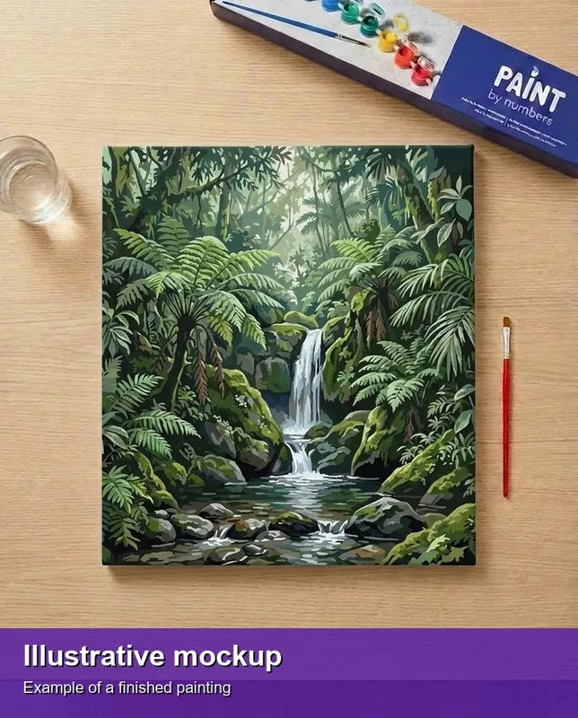 Valmiin numeromaalauksen havainnekuva - Jungle Waterfall Stream 50x50cm
