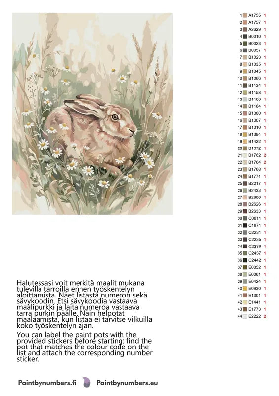 Paint by numbers color chart - Hare in Daisies - väriluettelo ja ohjeet
