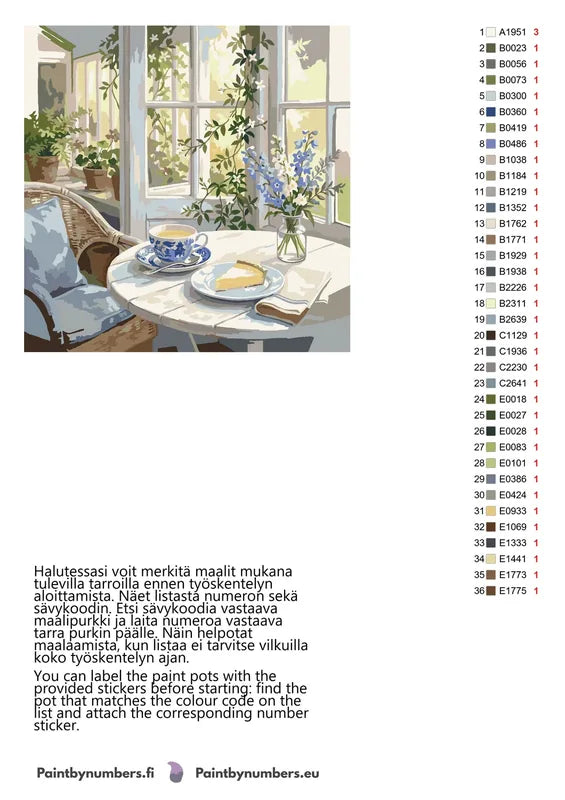 Paint by numbers color chart - Tea and Cake Still - väriluettelo ja ohjeet