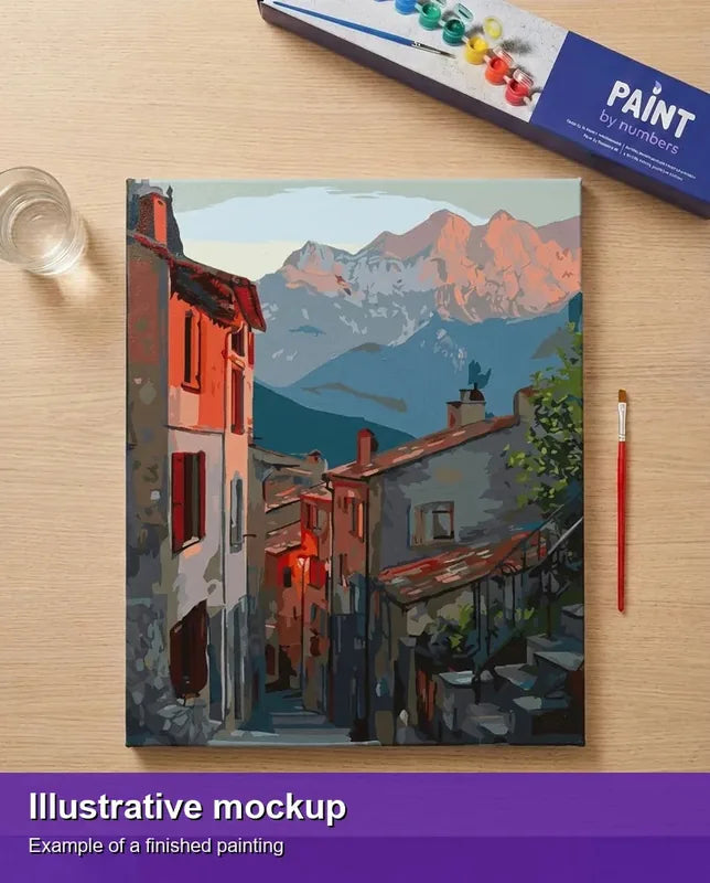 Valmiin numeromaalauksen havainnekuva - Mountain Village Sunset 40x50cm