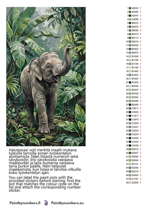 Color chart and instructions - Baby Elephant in Jungle 40x70cm