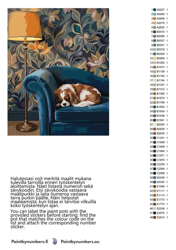 Paint by numbers color chart - Dog Sleeping on Sofa - väriluettelo ja ohjeet
