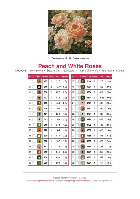 Peach and White Roses timanttimaalauksen värikartta – 32 DMC-väriä