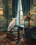 Thumbnail for Cockatoo istuu kirjapinojen päällä klassisen huoneen numeromaalaus.