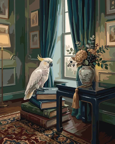 Cockatoo istuu kirjapinojen päällä klassisen huoneen numeromaalaus.