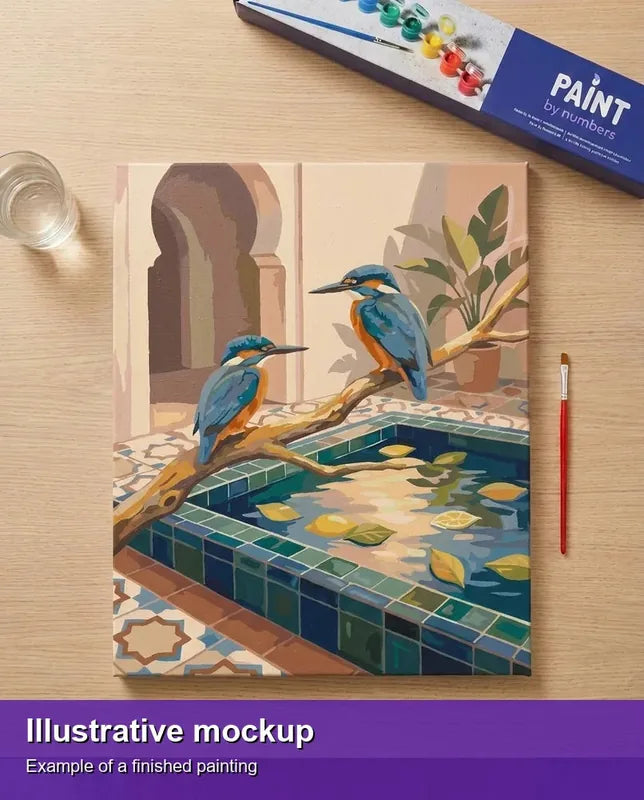 Valmiin numeromaalauksen havainnekuva - Two Kingfishers by Fountain 40x50cm