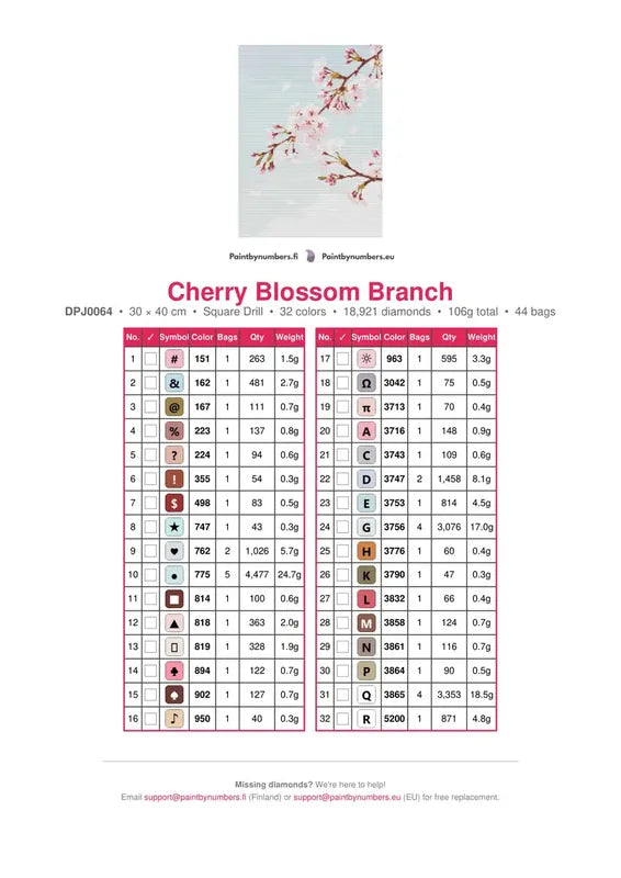 Cherry Blossom Branch timanttimaalauksen värikartta – 32 DMC-väriä