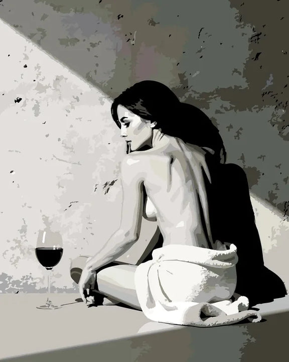 Gray-toned paint by numbers of a woman in a towel beside a table with a wine glass