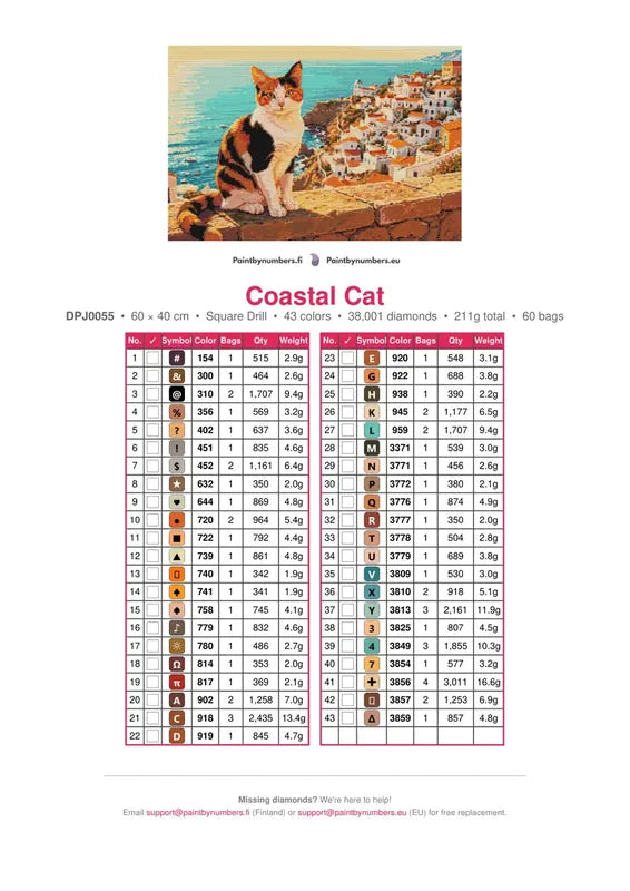 Coastal Cat timanttimaalauksen värikartta – 43 DMC-väriä