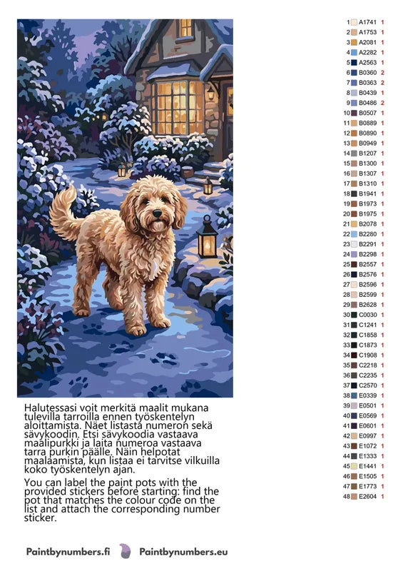 Värikartta ja ohjeet - Doodle Dog in Snow 40x70cm