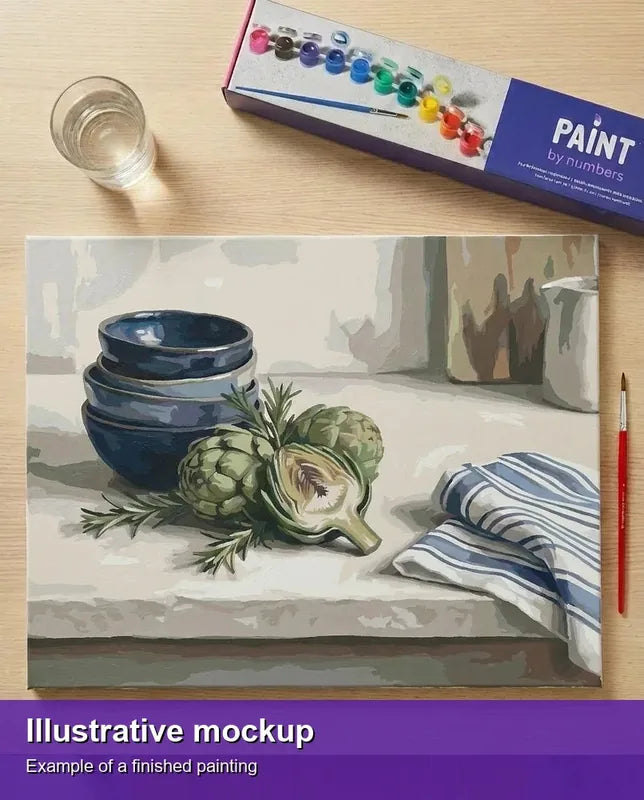 Valmiin numeromaalauksen havainnekuva - Artichokes and Blue Bowls 50x40cm
