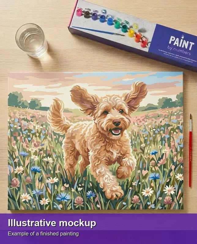 Valmiin numeromaalauksen havainnekuva - Curly Dog in Meadow 50x40cm
