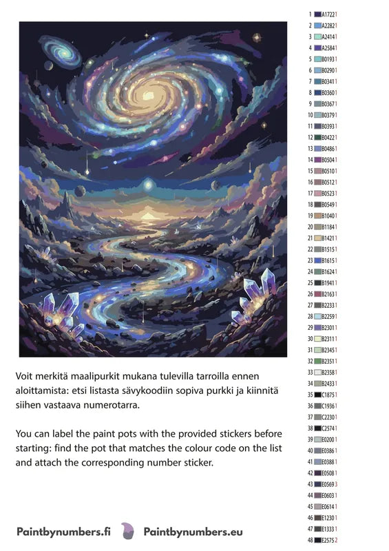 Paint by numbers color chart - Galaxy Over River Landscape - väriluettelo ja ohjeet