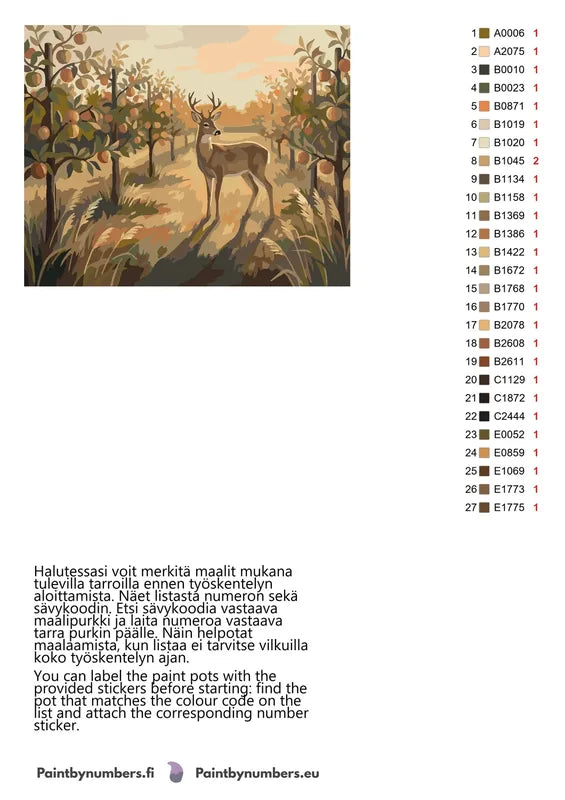 Paint by numbers color chart - Deer in Orchard - väriluettelo ja ohjeet