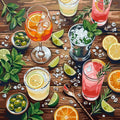 Thumbnail for Cocktailit ja sitrusviipaleet numeromaalaus. Juomat, yrtit ja jääpalat puisella pöydällä.