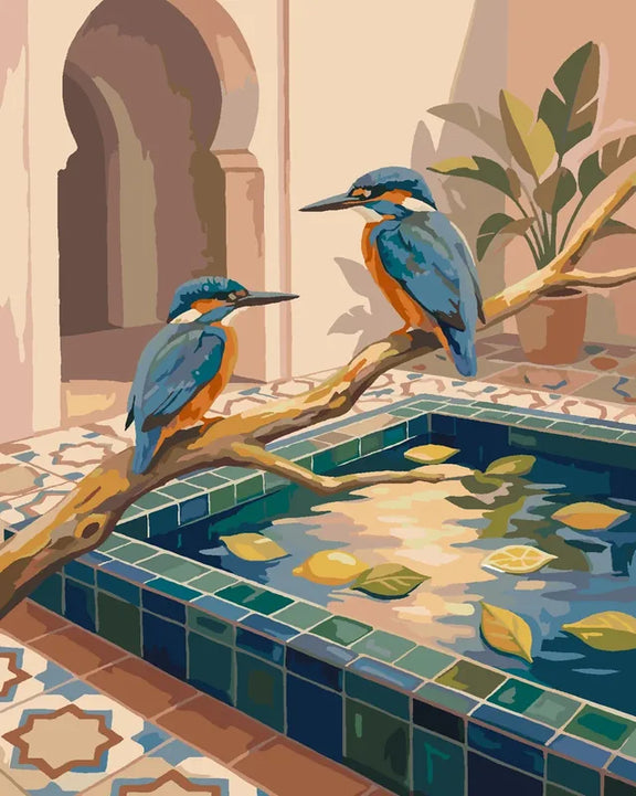 Two kingfishers beside a fountain paint by numbers