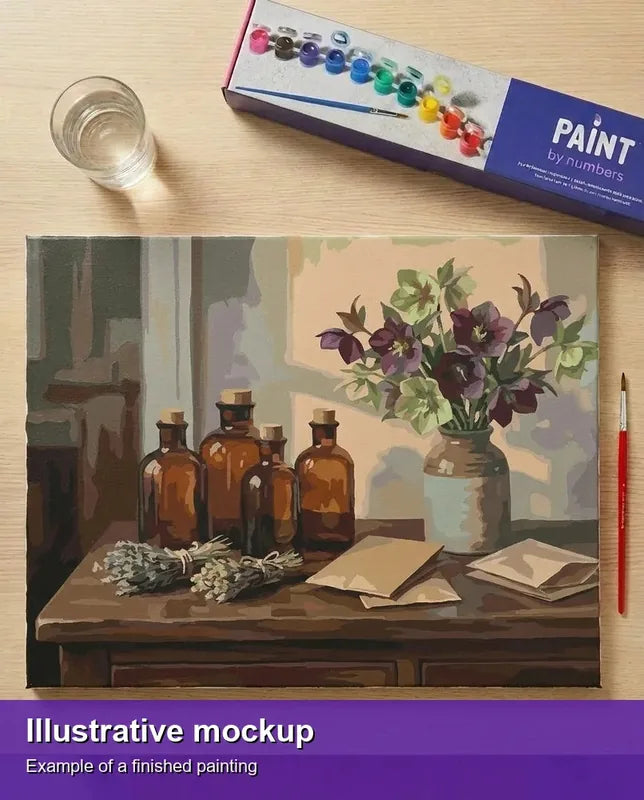 Valmiin numeromaalauksen havainnekuva - Bottles and Flower Arrangement 50x40cm