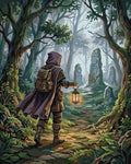 Thumbnail for A hooded traveler in the forest Paint By Numbers. The figure carries a lantern along a misty path.