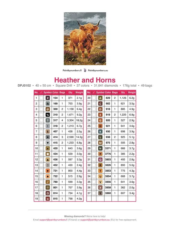 Heather and Horns timanttimaalauksen värikartta – 37 DMC-väriä