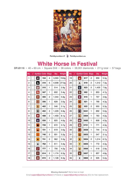 White Horse in Festival timanttimaalauksen värikartta – 36 DMC-väriä