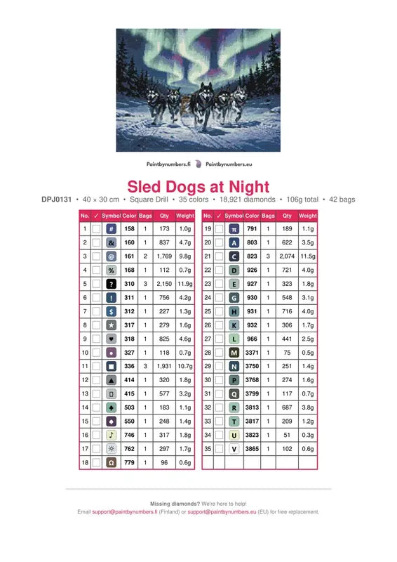 Sled Dogs at Night timanttimaalauksen värikartta – 35 DMC-väriä