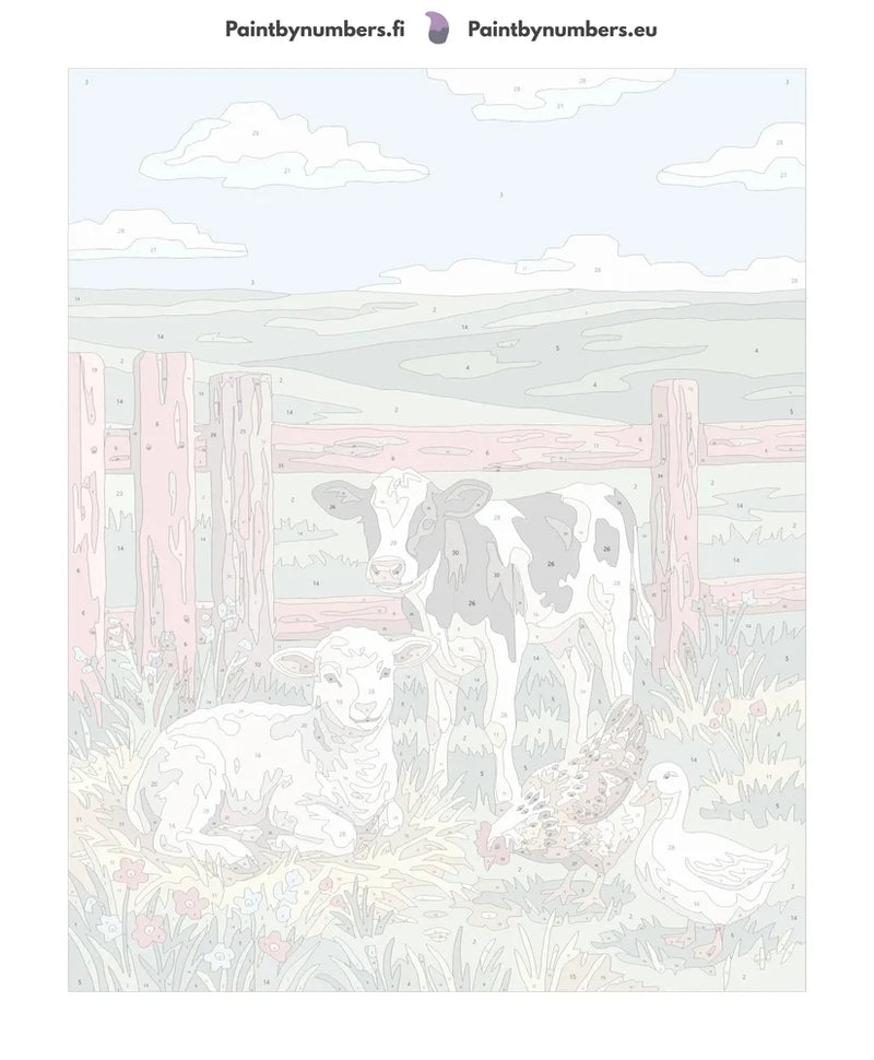 Numeroitu kangas - Farm Animals in Field 40x50cm