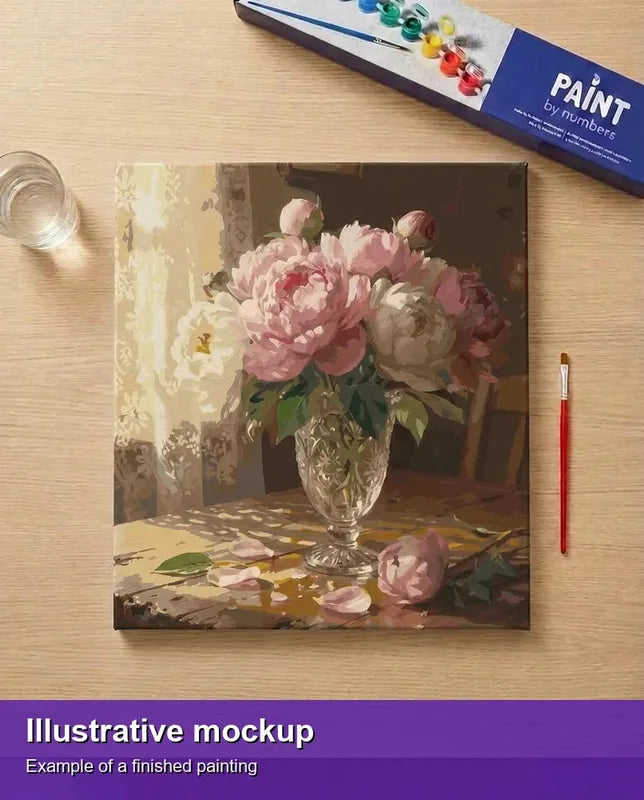 Valmiin numeromaalauksen havainnekuva - Peonies in Crystal Vase 50x50cm