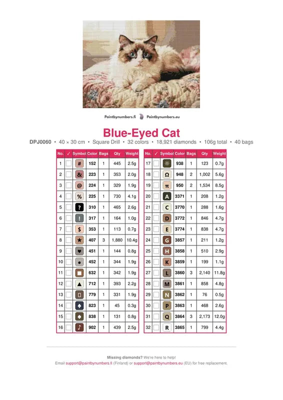 Blue-Eyed Cat timanttimaalauksen värikartta – 32 DMC-väriä