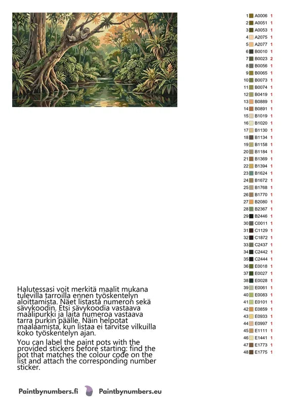 Color chart and instructions - Sloth in Rainforest 70x40cm