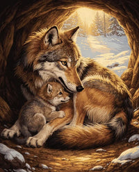 Thumbnail for Emosusi ja pentu timanttimaalaus 40x50cm – susi suojaa pentua luolassa