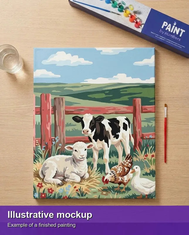 Valmiin numeromaalauksen havainnekuva - Farm Animals in Field 40x50cm