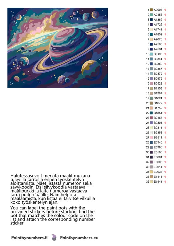 Paint by numbers color chart - Saturn and Planets - väriluettelo ja ohjeet