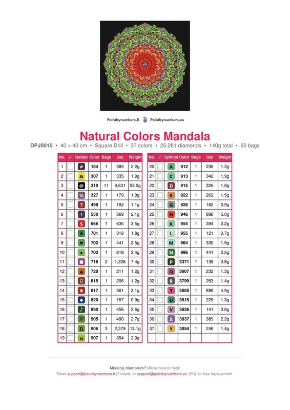 Natural Colors Mandala timanttimaalauksen värikartta – 37 DMC-väriä