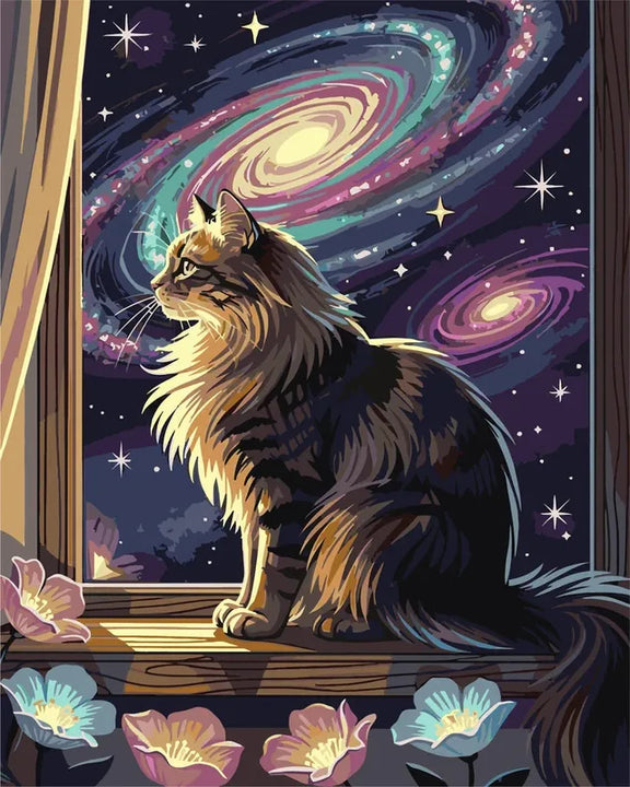 Finished paint by numbers showing a cat on a windowsill beneath a starry sky