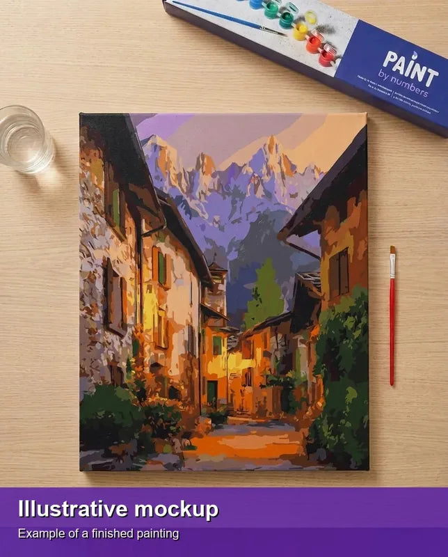 Valmiin numeromaalauksen havainnekuva - Golden Mountain Village 40x50cm