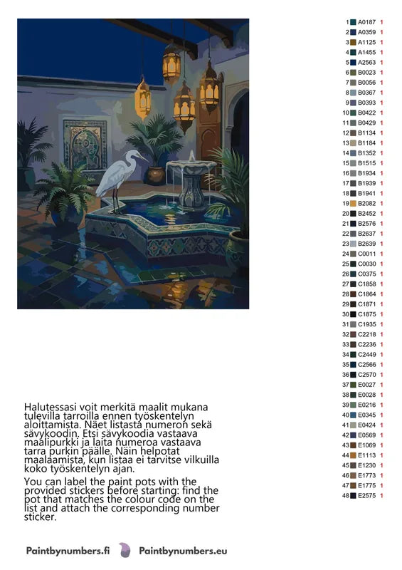 Paint by numbers color chart - Heron by Fountain Courtyard - väriluettelo ja ohjeet