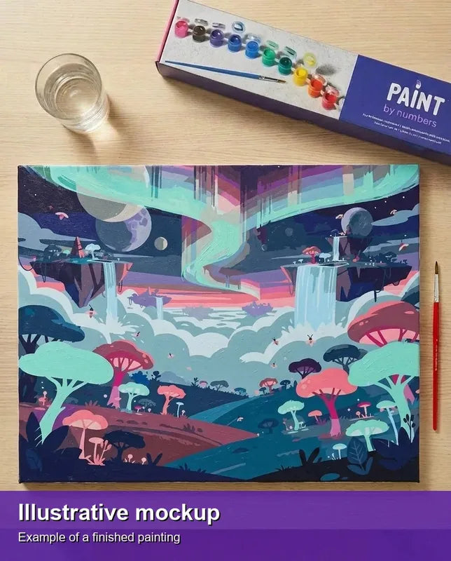 Valmiin numeromaalauksen havainnekuva - Abstract Landscape Waterfalls Planets 50x40cm
