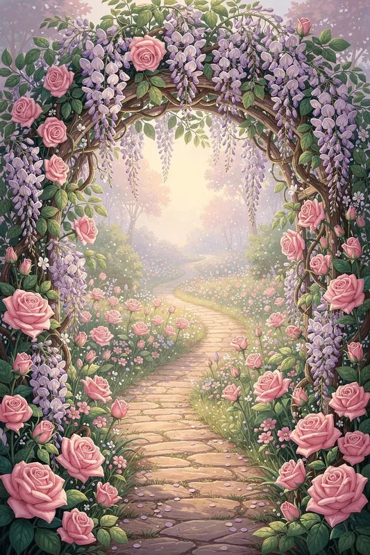 Diamond painting-motiv med en stenlagd gång genom en båge med blåregn och rosa rosor