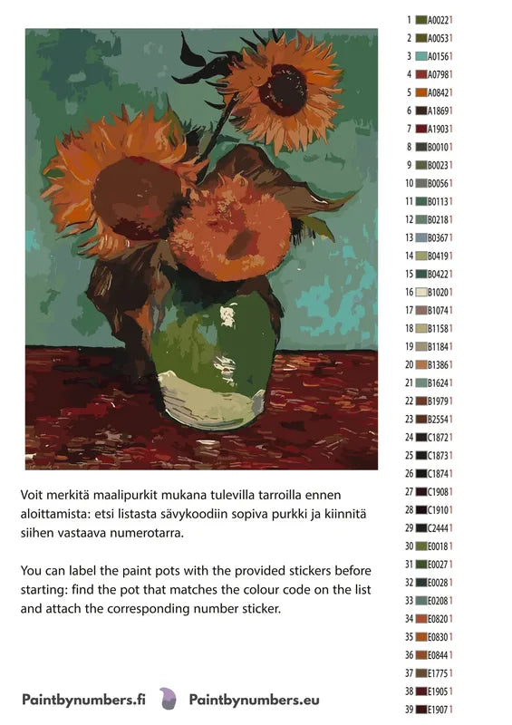 Paint by numbers color chart - Sunflowers on Turquoise - väriluettelo ja ohjeet