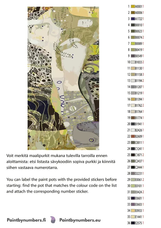 Paint by numbers color chart - Water snakes I - väriluettelo ja ohjeet