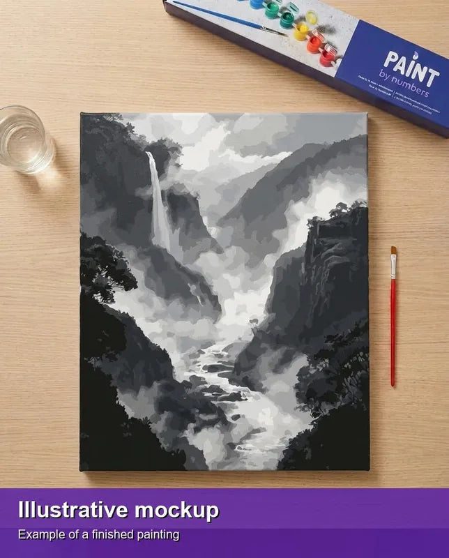 Valmiin numeromaalauksen havainnekuva - Misty Waterfall Valley 40x50cm