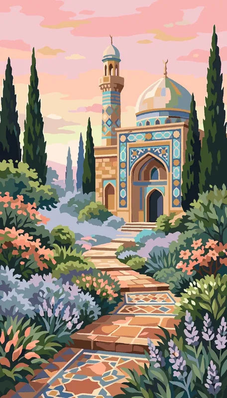 Moské med blå och guldfärgade detaljer vid en plattlagd stig bland blommor
