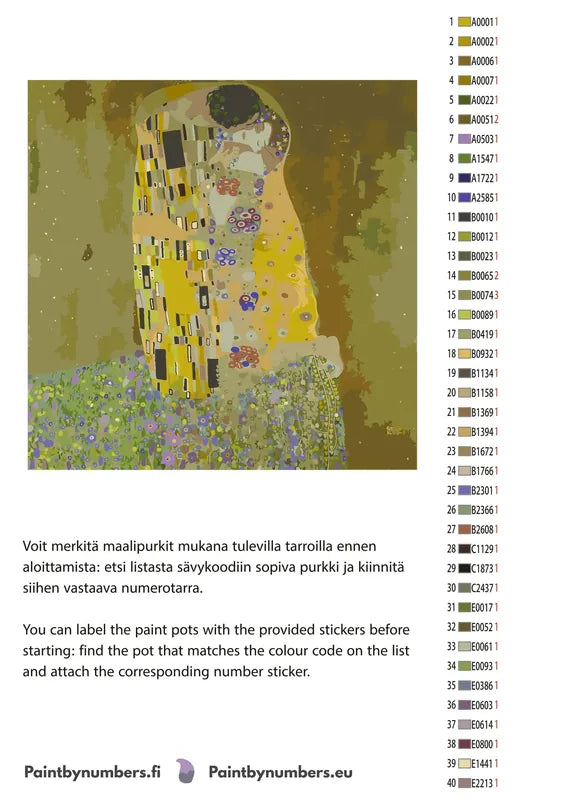 Paint by numbers color chart - The Kiss - väriluettelo ja ohjeet