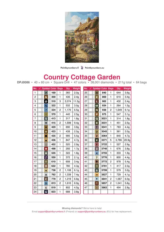 Country Cottage Garden timanttimaalauksen värikartta – 47 DMC-väriä