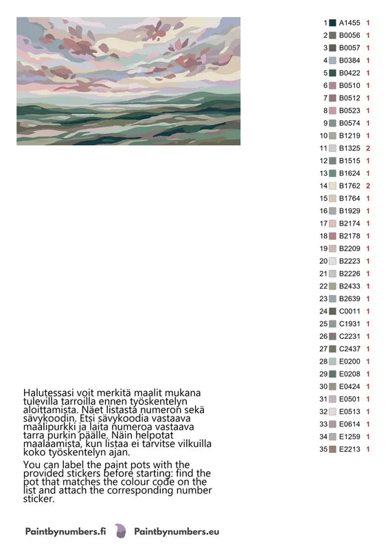 Värikartta ja ohjeet - Pastel Hills and Clouds 70x40cm