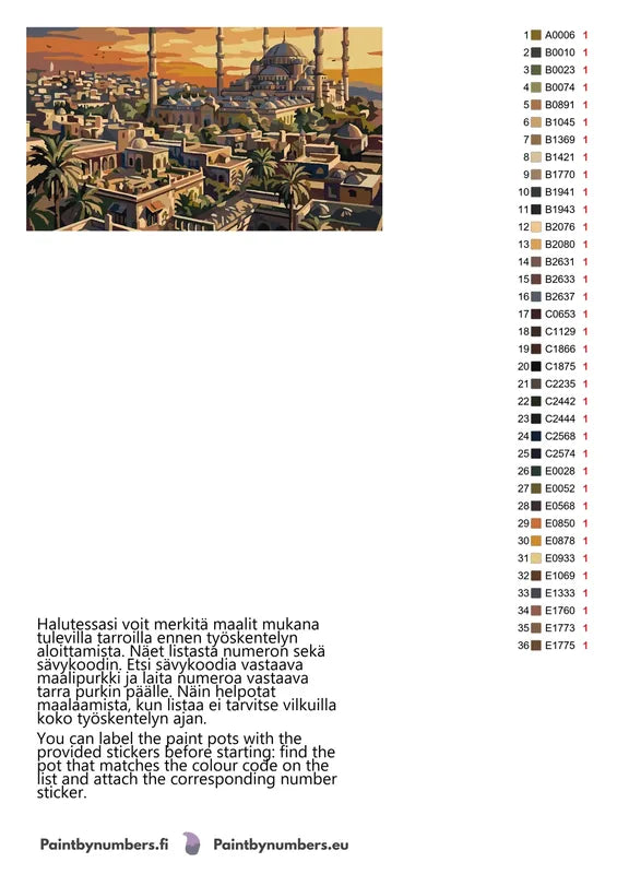 Color chart and instructions - Mosque and City at Sunset 70x40cm