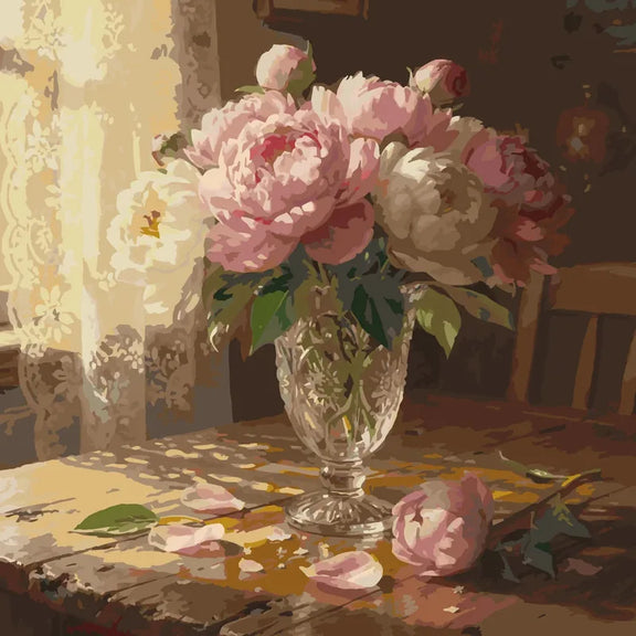 Peonies in a crystal vase on a wooden table paint by numbers