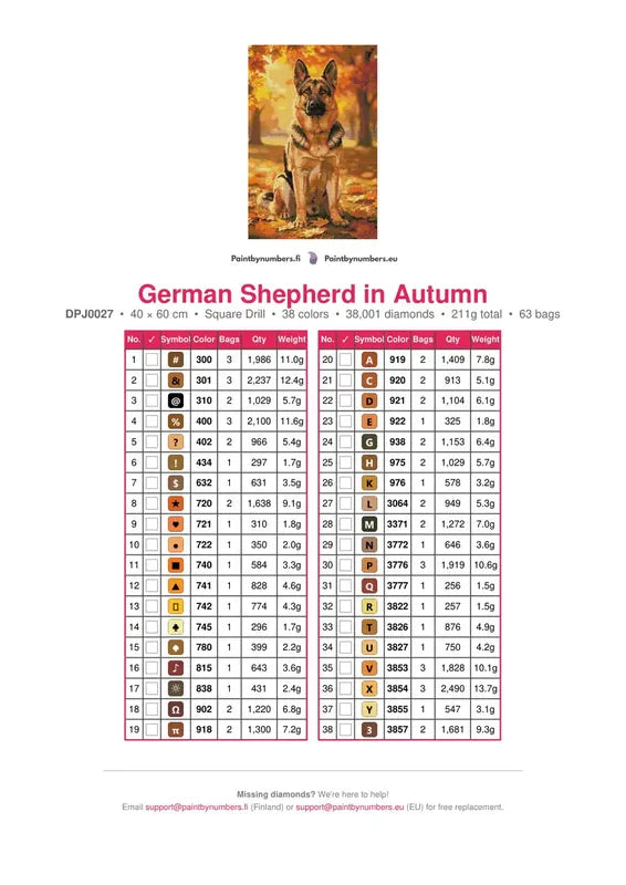 German Shepherd in Autumn timanttimaalauksen värikartta – 38 DMC-väriä