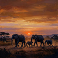 Thumbnail for Timanttimaalaus, jossa elefanttiperhe kävelee savannilla auringonlaskussa.