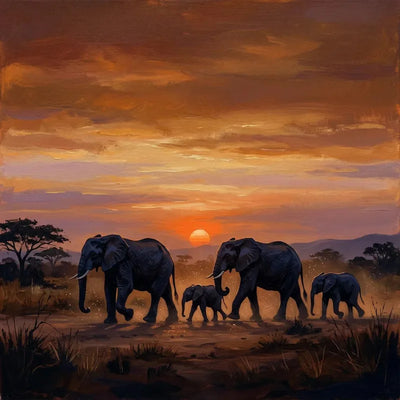 Timanttimaalaus, jossa elefanttiperhe kävelee savannilla auringonlaskussa.